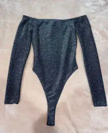Black/Silver Long Sleeve off The Shoulder Body Suit