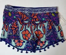 Trina Turk Women's M Multi Color Floral Tassel Shorts Beach Resort Swim Cover Up