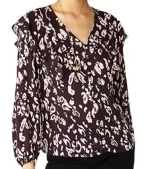 Nine West Women's Animal Print Ruffle V Neck Long Sleeve Blouse Top Size Large