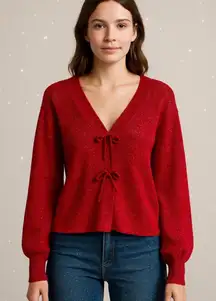 Cato Fashions SHIMMER BOW BUTTON CARDIGAN Holly Red Sparkle Holidays Large