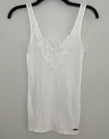 Hollister White Ribbed Floral Lace Tank Top Size Small