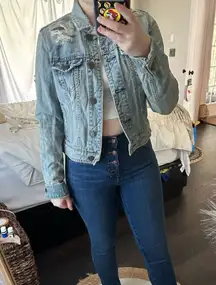 American Eagle Women’s Small Distressed Denim Jacket Aztec Boho Southwestern