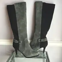 Tahari Greyson gray suede and black stretch color block knee high platform boots