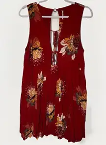 Free People Lovely Day Red Floral Tie Front Tunic Mini Dress S Boho Flowy Boxy