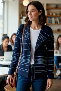 Cache Navy and White Striped Blazer