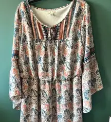 Est 1946 Women's 18/20 W Blue Peach V Neck Peasant Bell Sleeve Boho Drop Waist