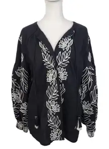 Chico's Black Linen Cardigan Size Small Black and White Embroidered Linen Top