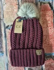 NWT C.C Thick Cable Knit Cuffed Beanie Maroon Faux Fur Pom Fleece Lined