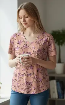 JJill Luxe Supima Modal Pleat Back Tee Coral Floral V Neck Short Sleeve Top XS