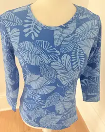 J. MCLAUGHLIN Signature Tee Sahara Palm Blue Women S Catalina Cloth 3/4 Sleeve
