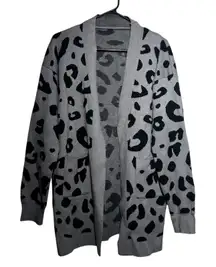 Womens Gray Black Leopard Print Open Front Long Sleeve Cardigan Sweater Size L
