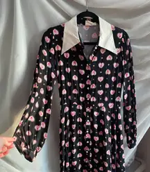 Joanie Pearl Button Collar Folk Heart Black Midi Dress 12 Femme Romantic Granny