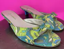 Dress Barn Gina Green Blue Paisley Bow Detain Kitten Heel Sandal Sz 7