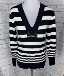 women L Longsleeve v-neck stripe sweater navy blue & white