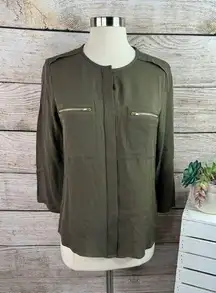 Theory 100% Silk Military Zipper‎ Pocket Olive Green Blouse Size Small