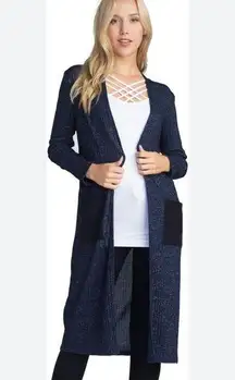 NWT Yelete Navy Blue/Black Metallic Open Front Long Lightweight Cardigan Small