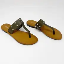 CHARLIE PAIGE Olive Green and Brown Embellished Studded Thong Sandals