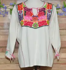 Artisan Handmade Cream Floral Embroidery Mexican Peasant Blouse Top One Size L