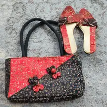 Vintage Mingenifer Chinese Silk Purse Shoes Set Red Black 6