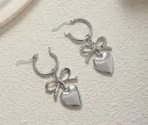 NEW - Pair of hoop bow earrings w/ dangling hearts and coquette bow, Silver