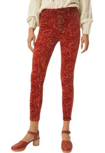 Anthropologie Pilcro High Rise Button Fly Skinny Corduroy Pants Orange Motif 26