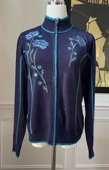 Cabela's Purple Blue Knit Embroidered Floral Zip Up Sweater S Merino Wool Blend