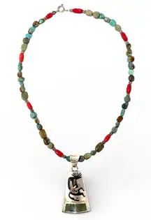 Vintage Navajo sterling silver Kokopelli, inlaid green Jasper, turquoise nklc