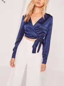 NWOT Missguided Dark Midnight Blue Satin Cropped Wrap Blouse Top