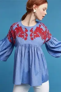 Hemant & Nandita Anthropologie Lianna blue floral embroidered blouse