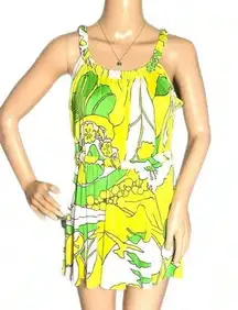 TIBI NEW YORK 100% Silk Sleeveless Lime Floral Boho Summer Sun Dress