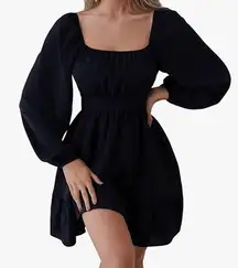 Women's Basic Long Puff Sleeve Square Neck Ruffle Mini A Line Dress NEW LARGE