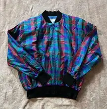 Sunny Leigh Women's Vintage 90's Plaid Blue Red Gold Silk Bomber Jacket Sz S