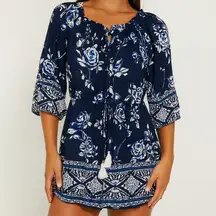 Angie Blue White Floral Boho Romper – Size Large