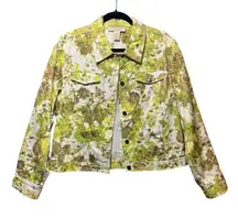 Metallic‎ Floral Print Denim Jacket Green Gold Button Front Lightweight Large