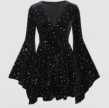 Cider  Black Velvet V Neck Star & Moon Bell Sleeve Romper