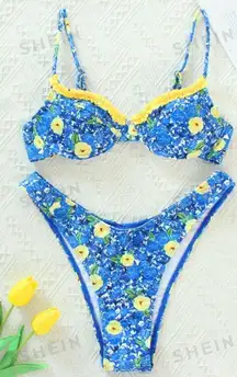 Swim Floral Bikini Set Frill Underwire Bra & High Cut Bottom