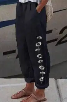 NWT ~ Women's Black Lightweight Summer Pants w/ White Flowers ~ Plus Size 3XL