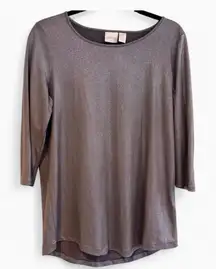 Chico's Size 1 M Metallic Shimmer Top Pewter Silver Stretch Knit 3/4 Sleeve