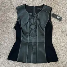 BCBGMaxazria Kya Faux Leather Lace Up Corset Peplum Tank Top