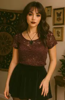 Aerie Maroon Floral Lace Sheer Dolman Short Sleeve Top XS Vintage Y2K Whimsigoth