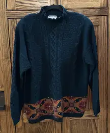 Vintage Evan Picone Hand Knit Wool Mohair Cable Sweater Teal Aztec Women's Large