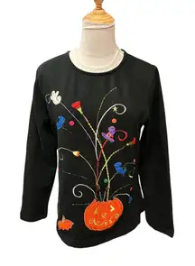 Black Sequined Streetwear Halloween Pumpkin Bat Witch Ghost Sweatshirt Size‎ S