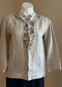 Chicos Crean W Gold Shimmer & Jewel Embellished Linen Long Sleeve Hook Eye SZ 1
