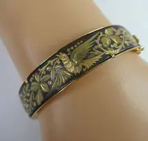 VIntage Black Gold Damascene Floral Bird Flora Fauna Hinged Bangle Bracelet WOW