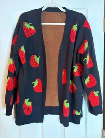 NWOT Navy open-front cardigan with a strawberry print, L
