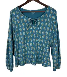 Garnet Hill Pajama Top Womens Medium Blue Long Sleeve Sundown‎ Knit Tie Neck M