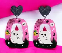 Cool Halloween Black Heart Hollow Out Ghost Pink‎ Acrylic Earrings