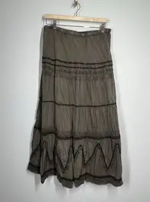 Vintage Nikky Tiered Maxi Skirt Medium Faded Olive Green Lace Trim Y2K