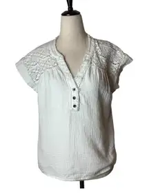 FRYE Shirt Women Medium White Cotton Lace‎ Crochet Raw Trim Cap Sleeve Top Boho