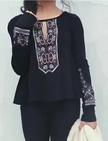 Free People X Marion Embroidered Thermal Waffle Knit Long Sleeve Cuff Top Black